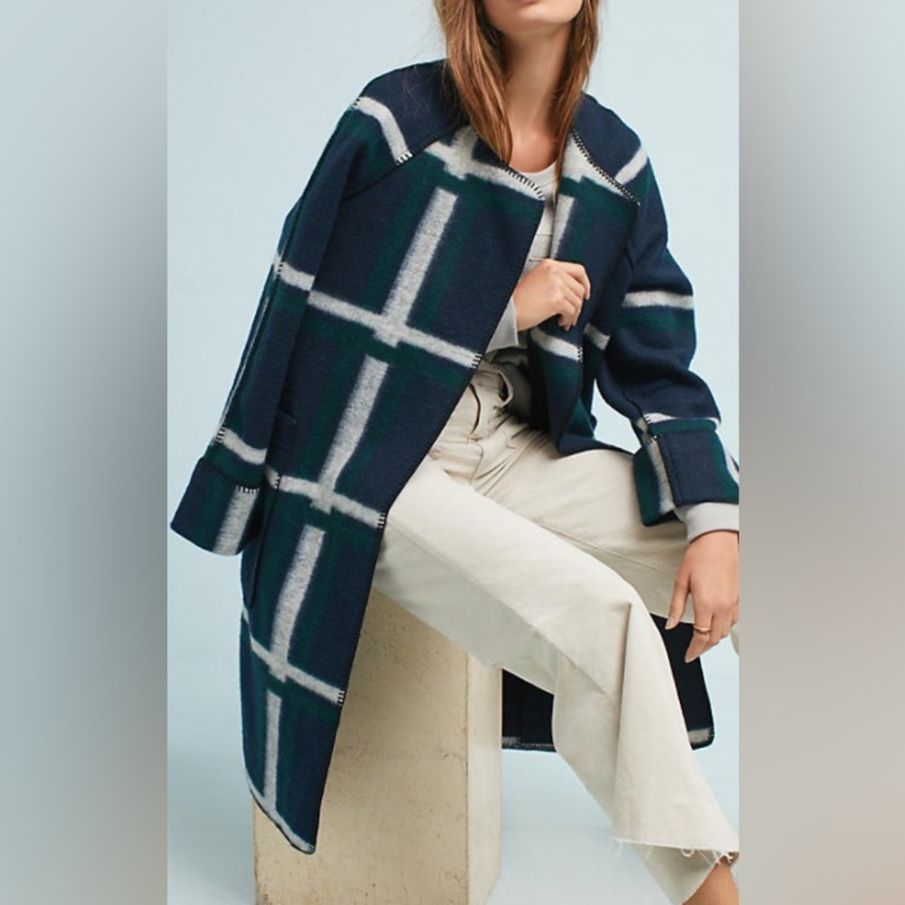 NEW NVLT Anthropologie Margot Plaid Sweater Wrap Coat Blue Green White Large